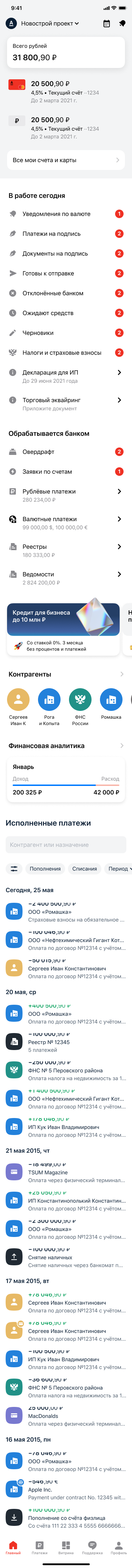 Главная страница с задачами, аналитикой и историей исполненных платежей