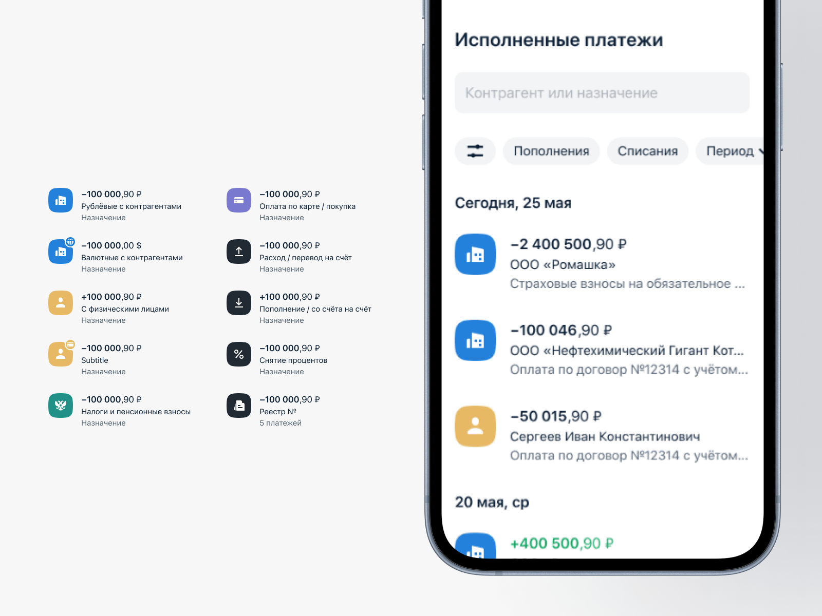 Цветовое маркирование и фильтрация списка операций