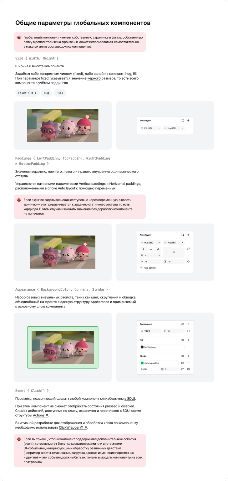 Оригинальная документация глобальных компонентов: размеры, отступы, оформление, события и примеры использования